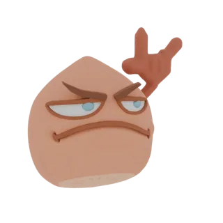 Modello 3D di un personaggio di noce marrone chiaro con faccia musona e una mano che fa il gesto 'rock on' che emerge dalla s