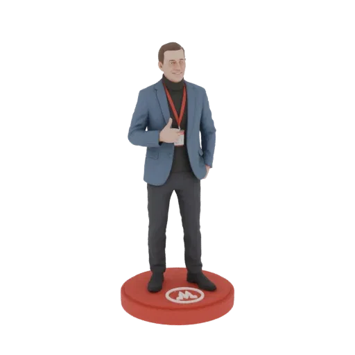 3D model of a smiling businessman in a blue suit giving a thumbs up, standing on a red base with a white logo.