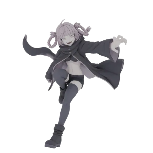3D model of an anime girl with purple braided hair, wearing a dark cloak and shorts, in a dynamic action pose.