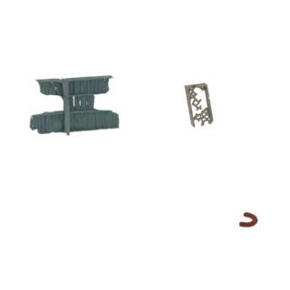 Un rendering 3D che mostra un pannello intagliato, scolpito, e una mensola rustica invecchiata, presentati come un set per di