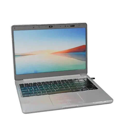 Business Laptop Stylized 3D model, stylized isometric render, showing brushed metal, open lid angle.