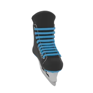 Modèle 3D d'un patin à glace noir avec des lacets bleu vif, montré sous une vue de face légèrement inclinée sur fond blanc.