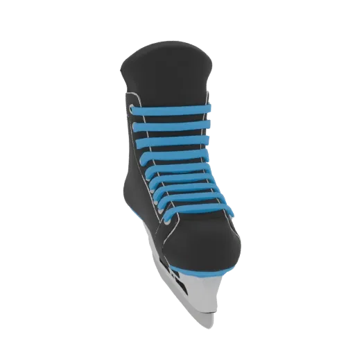 3D model of a black ice skate with bright blue laces, shown from a slightly angled front view against a white background.