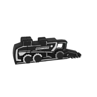A 3D render of a black Grimme combine harvester toy model with white accents and the Grimme logo.
