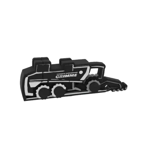 Un rendering 3D di un modello giocattolo di mietitrebbia Grimme nera con accenti bianchi e logo Grimme.