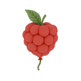 Un rendering 3D di un palloncino a forma di lampone rosso con gambo e foglia verdi, su sfondo bianco.
