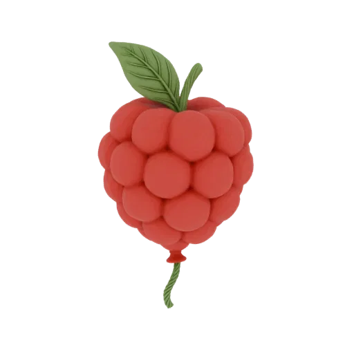 Ein 3D-Render eines roten, himbeerförmigen Ballons mit grünem Stiel und Blatt vor weißem Hintergrund.