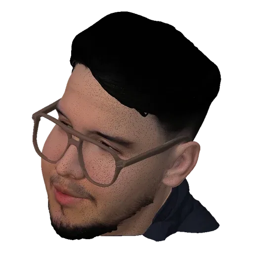 3D model render of a stylized man with thick-rimmed glasses and a beard, looking forward.