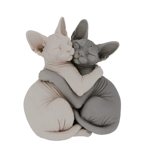 3D model of two Sphynx cats, one cream and one grey, hugging each other affectionately with closed eyes.