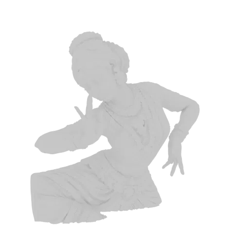 Modello 3D di una danzatrice classica in posa mudra tradizionale, con gioielli ornati e vesti fluenti, su sfondo bianco.