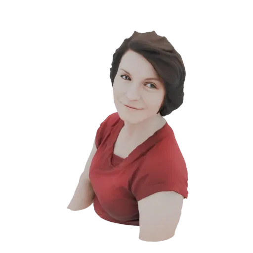 3D model render of a woman with short brown hair wearing a red t-shirt, looking forward with a gentle smile.