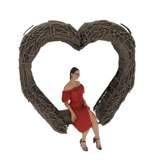 Modelo 3D de una mujer con vestido rojo sentada en un columpio de corona de corazón, renderizado sobre fondo blanco.