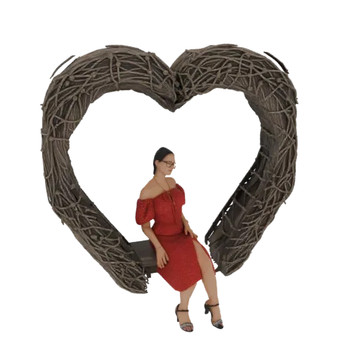 3D model of a woman in a red dress sitting on a heart-shaped wreath swing, rendered against a white background.