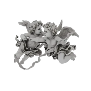Modelo 3D de dos figuras querubínicas en un abrazo cercano, con cintas fluidas arremolinándose a su alrededor, renderizado en