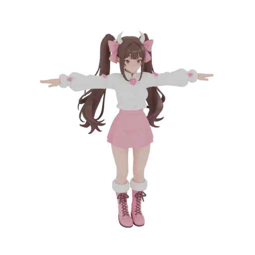 3D model of an anime devil girl with brown pigtails, white horns, and a pink skirt, standing in a T-pose.