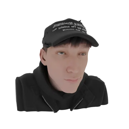 3D model of a young man with fair skin, light blue eyes, wearing a black baseball cap with white text, and a black jacket.