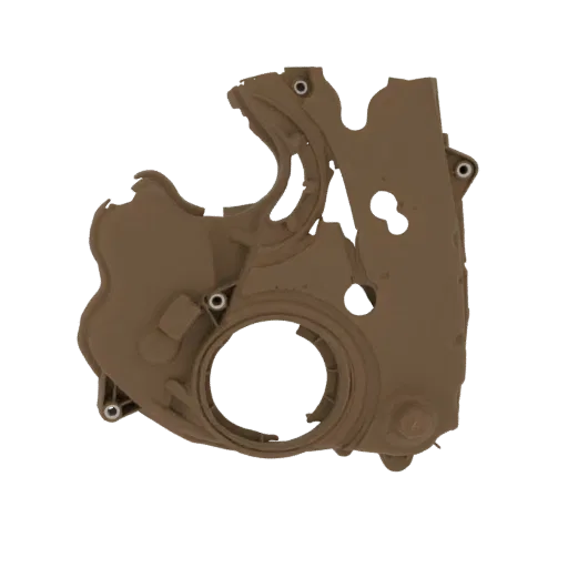 3D model of a brown automotive engine timing cover with intricate internal and external details, shown against a white backgr
