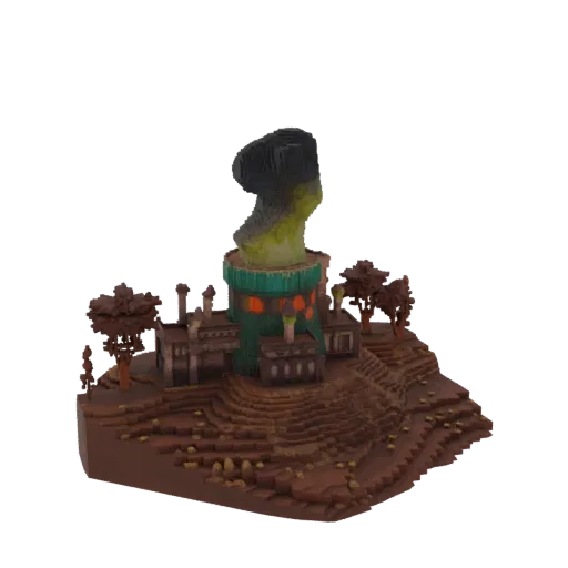 Modello 3D in arte voxel di una centrale elettrica industriale con un alto camino che emette un pennacchio di fumo, ambientato su un terreno roccioso marrone.