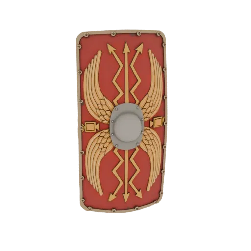 3D model of a Roman Scutum shield with red and gold eagle design and central metallic boss, against a white background.