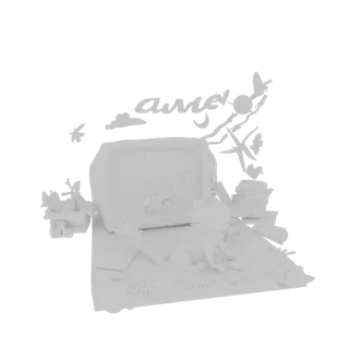 Un modelo 3D de un gato blanco sentado y leyendo un libro, con nubes estilizadas, mariposas y elementos de texto en el fondo.