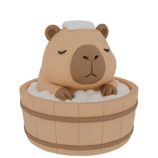3D model of a cute capybara with closed eyes, wearing a towel on its head, relaxing in a wooden tub filled with white bubbles
