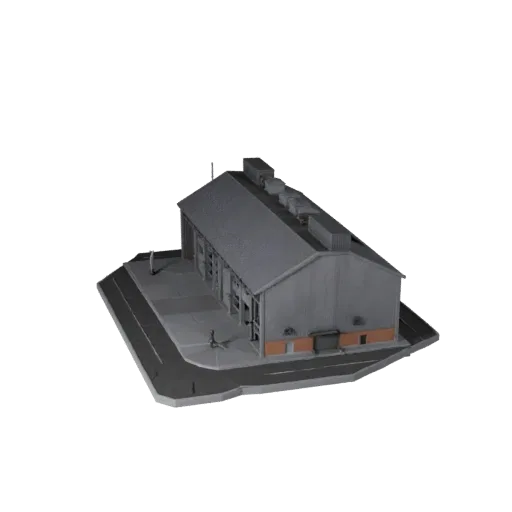 Modello 3D low poly di Capannone Industriale, vista esterna pronta per il gioco, che mostra materiali edili industriali e det