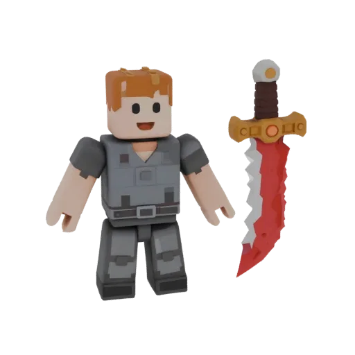 3D Model Roblox Noob character in grey outfit with bloody sword nearby