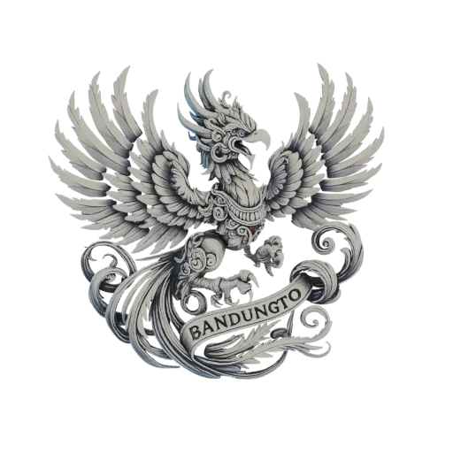 3D model of a Garuda emblem with spread wings, intricate details, and 'BANDUNGTO' inscription on a banner.