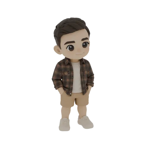 3D model of a cute chibi boy with brown hair, wearing a plaid shirt, cream t-shirt, and beige shorts, with hands in pockets.