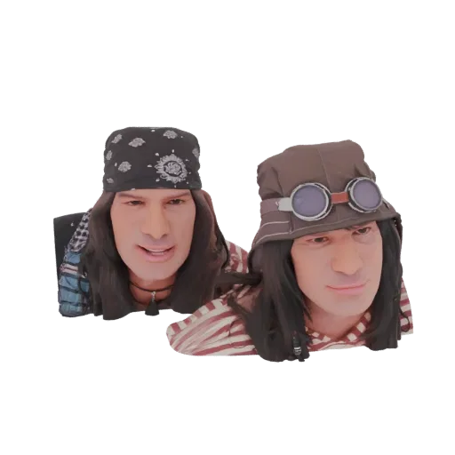 3D-Modell-Vorschau von zwei Punkrocker-Köpfen, einer mit schwarzem Bandana, der andere mit brauner Brille und Hut.
