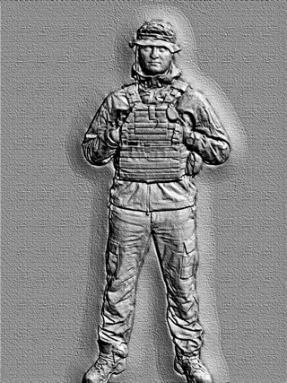 3D model of a soldier bas-relief in helmet and body armor, standing full height.