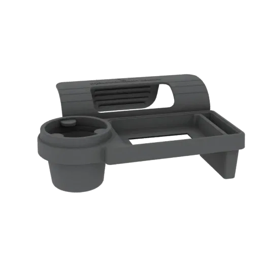 3D model of a gray car seat organizer with a cup holder and storage tray, shown against a black background.