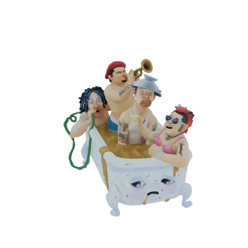 3D model of a whimsical bathtub scene with four quirky characters, one playing a trumpet, in a distressed tub with a sad face