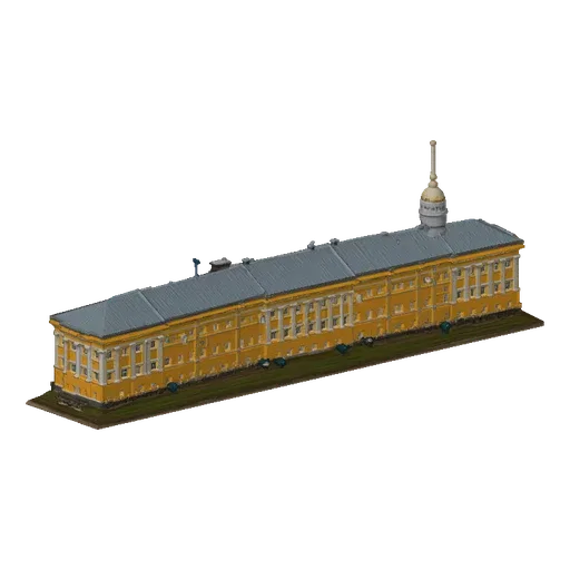 3D model of a long, imperial yellow palace with a prominent central dome, classical columns, and a grey roof, set against a w