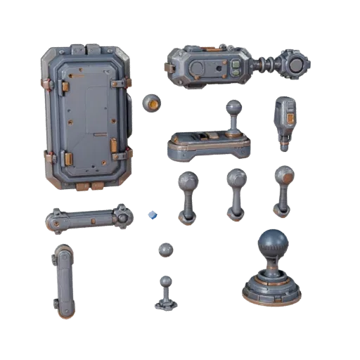 Sci Fi Control Lever 3D model, three-quarter front view, Unreal Engine viewport, showing metal hinges, form detail.