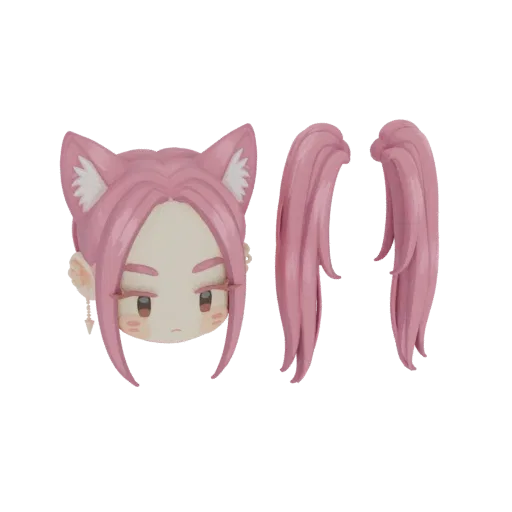 3D model of a chibi girl's head with pink cat ears and detachable pink pigtails, featuring large brown eyes and a cute expres