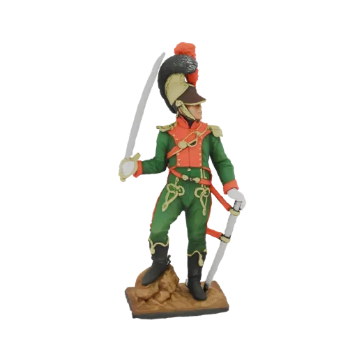 Modelo 3D soldado húsar francés uniforme verde/rojo, con sable, sobre base rocosa.