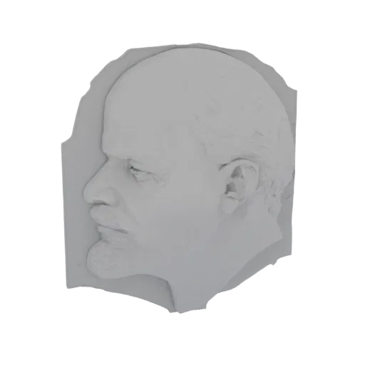 3D-Modell einer Basrelief-Platte, die das Profil von Wladimir Lenin vor einem weißen Hintergrund zeigt.
