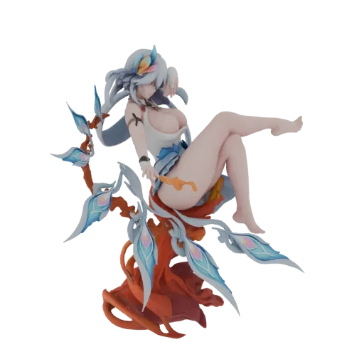 3D model of a fantasy water nymph with white hair and blue-tipped wings, seated on stylized orange and blue flora.