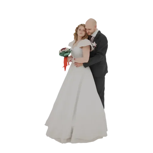 3D-Modell eines umarmenden Hochzeitspaares, Braut im weißen Kleid, Bräutigam im Anzug, hält einen Brautstrauß.