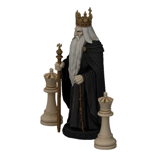 3D model of a fantasy king chess piece with a crown, long white beard, and ornate staff, standing between two white queen pie