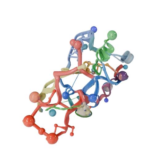 Organic Protein Chain Stylized 3D model, stylized isometric render, showing colored spheres, molecule layout.
