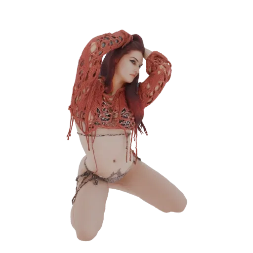 Modèle 3D danseuse gothique cheveux roux flamboyants, top usé, accents chaînes, agenouillée dynamiquement.