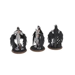 3D model of Albedo, a character with large black wings, wearing a white dress, posed gracefully on a circular base.