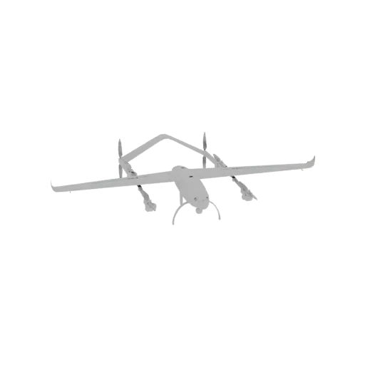 3D model of a gray VTOL drone with twin propellers, viewed from a slightly elevated front angle.