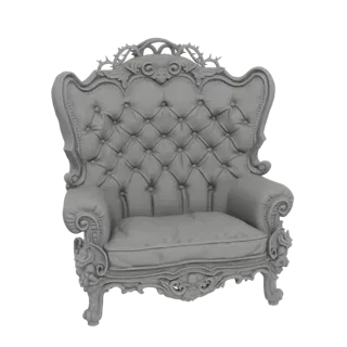 3D model render of a grey, ornate tufted wingback armchair with carved wooden legs and arms, against a white background.