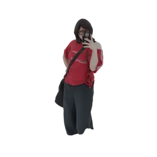 3D model of a woman wearing a red off-shoulder top, dark pants, and a shoulder bag, standing and holding a phone.