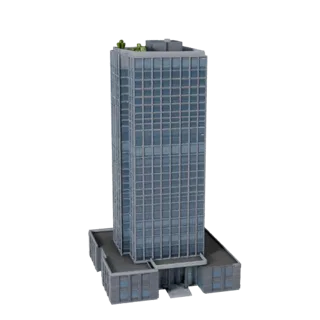 Modular High Rise Office Tower low poly 3D model, game-ready exterior view, showing commercial office building materials and