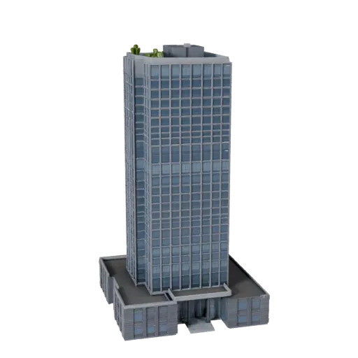 Modular High Rise Office Tower low poly 3D model, game-ready exterior view, showing commercial office building materials and