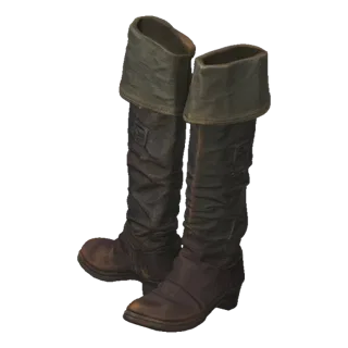 A 3D model render of a pair of rustic, dark brown leather pirate boots with cuffed tops, presented on a white background.